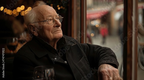 Senior gentleman reflecting in a restaurant with warm lighting.
