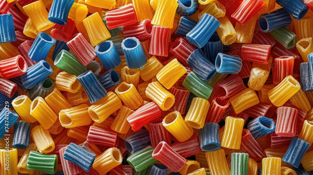 Macro shot of colorful rigatoni pasta creating a vibrant texture.