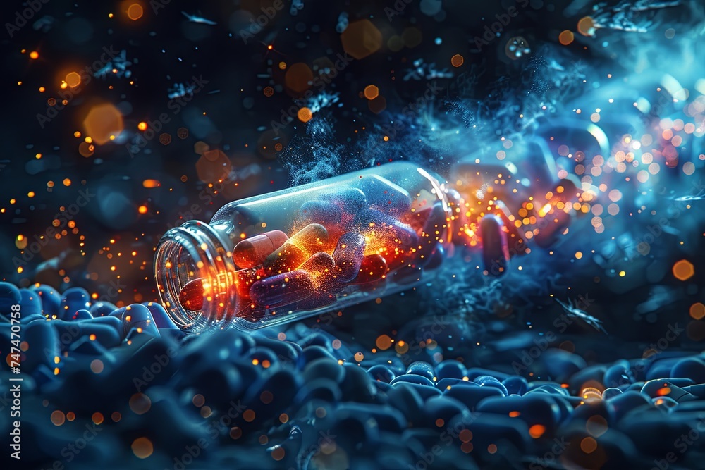 an image of medications flying out of an open bottle, in the style of light navy and light azure, ambient occlusion, isometric, screen format. Generative AI - obrazy, fototapety, plakaty 