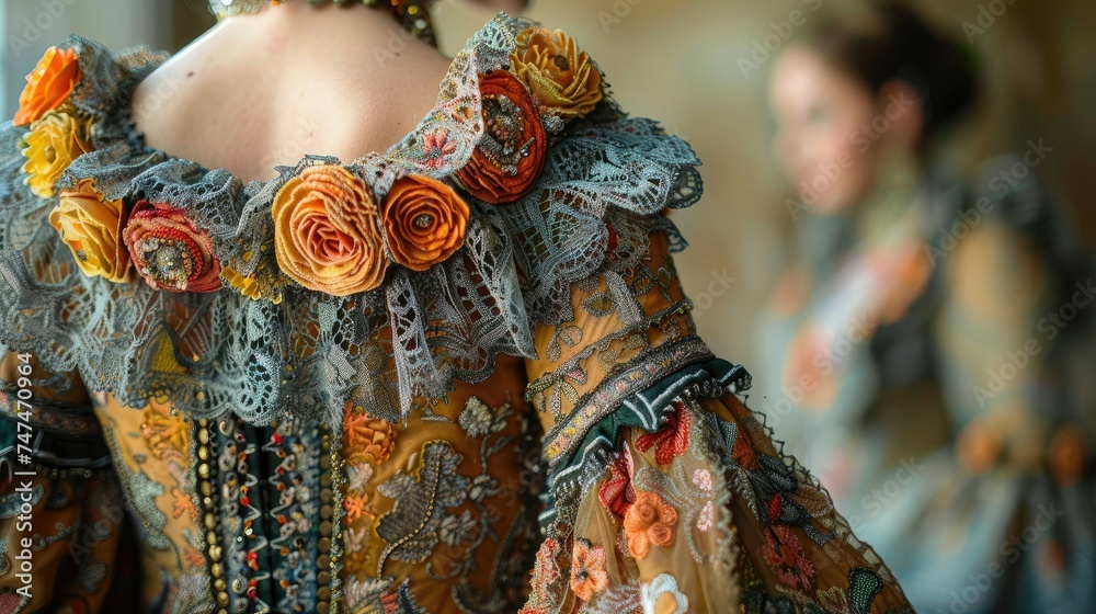 Close-up of a detailed shoulder embellishment on traditional attire.