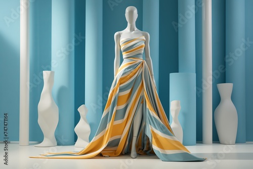 A mannequin dressed in a white and orange dress displayed in a store window. photo