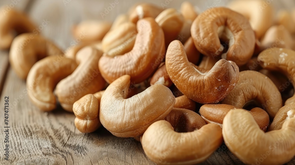 A cluster of cashew nuts on rustic wooden surface. A cluster of cashew nuts on rustic wooden surface.
