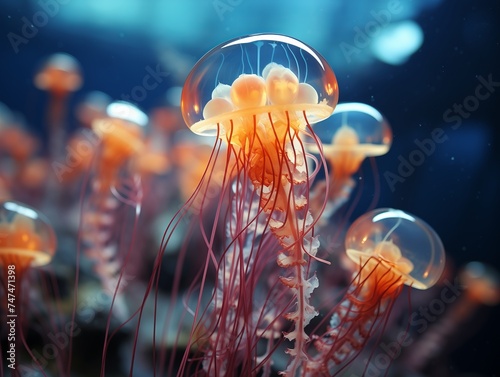 Multiple jellyfish swim gracefully in the water, their transparent bodies catching the light as they move together. photo