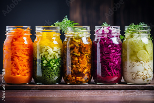 Row of glass jars with canned fermented vegetables.