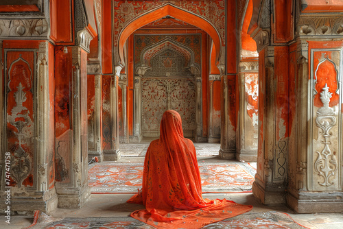 Muslim woman praying a holy temple photo