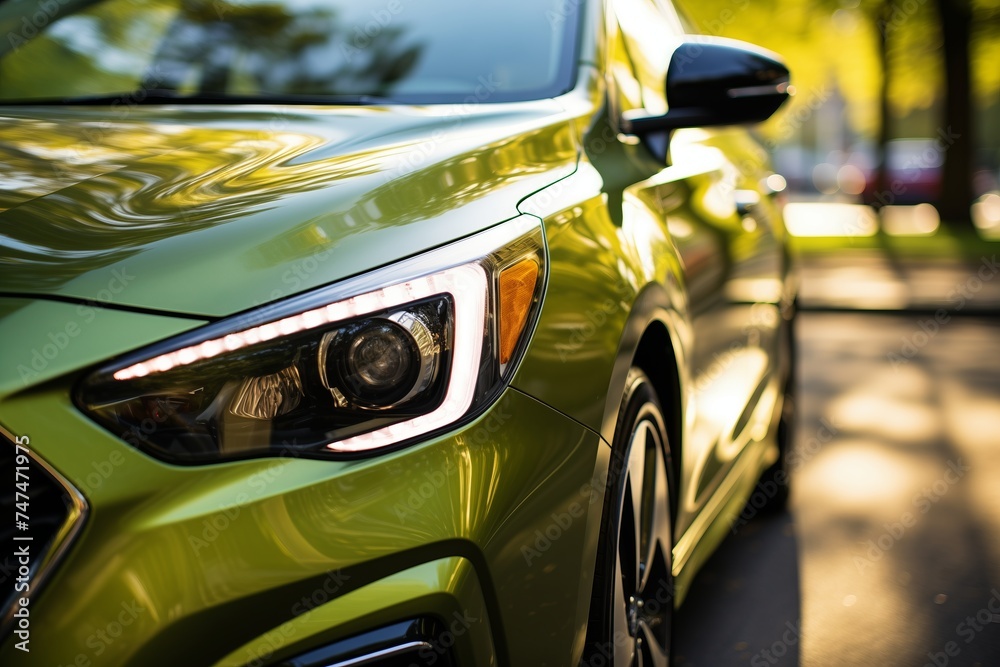 A detailed view of the front of a green car, showcasing the grille and headlights.