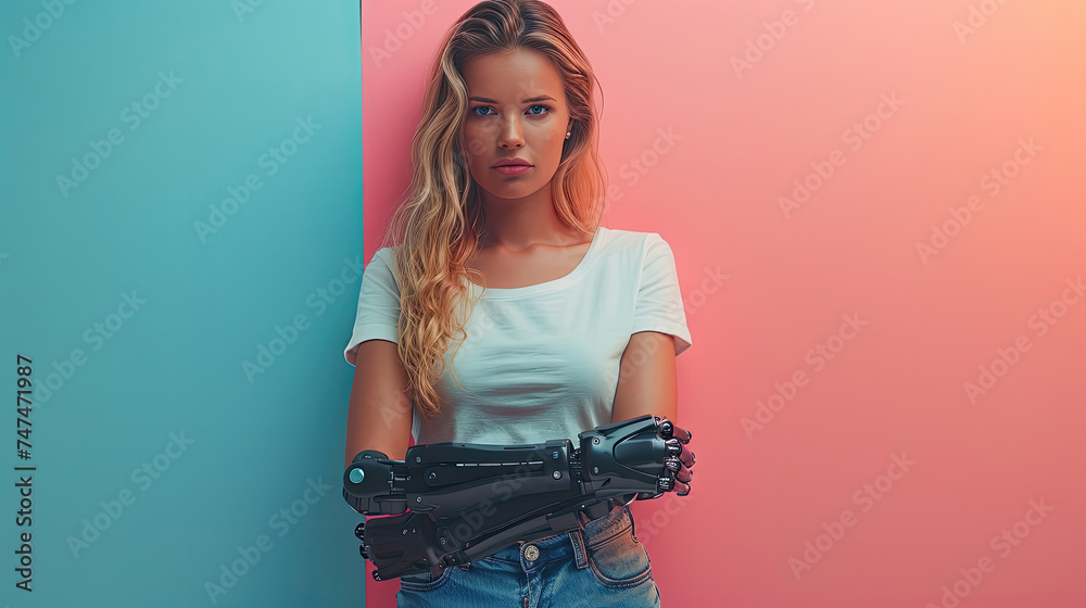 Confident young woman with a mechanical arm on a dual-tone background.