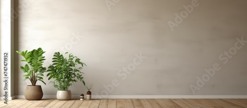 Three potted plants are placed in a corner of an empty room with a wooden floor and stucco walls. The plants add a touch of greenery to the space. photo