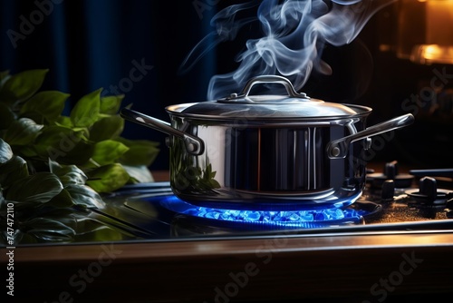 Stainless steel cooking pot on a gas stove in the kitchen