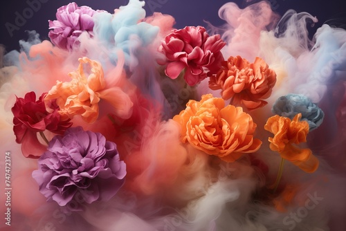 Collection of flowers surrounded by billowing smoke
