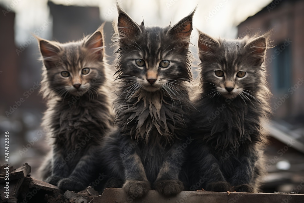 Three adorable kittens with fluffy fur, sitting closely together in a row with curious expressions on their faces.