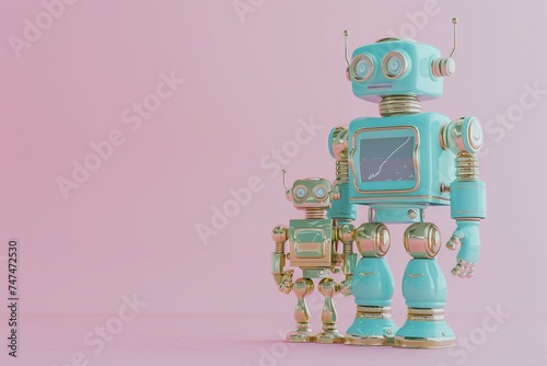 cute robot family mother and child for mothers day, pastel pink background