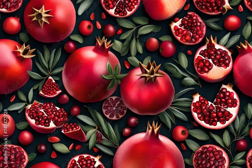  background with pomegranate, Delve into the sumptuous world of fresh pomegranate fruits with a seamless, repeatable, and tileable texture pattern that captures the vibrant allure of this exotic fruit