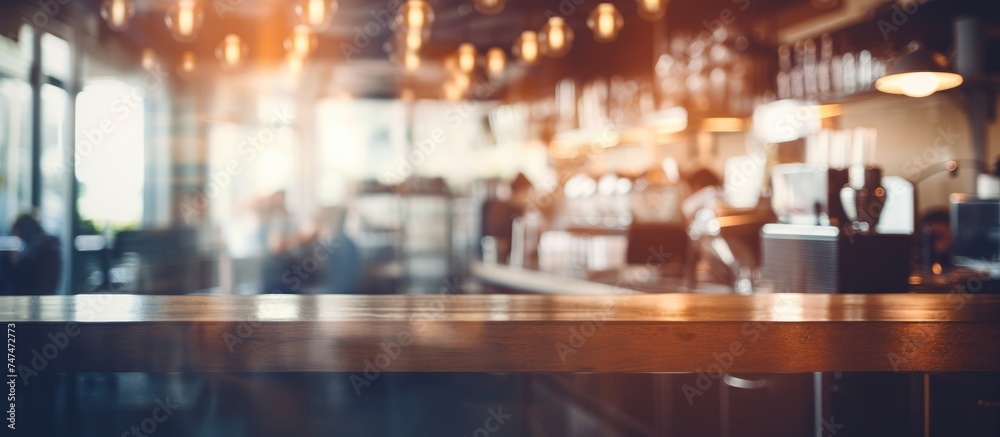 A bar counter is captured in a blurry state, giving a sense of movement and activity within a coffee shop or cafe interior. The background features a vintage filter, - obrazy, fototapety, plakaty 