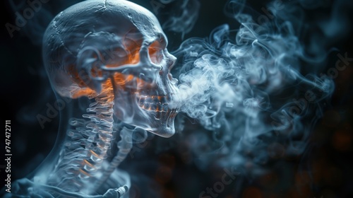World No Tobacco Day, anti-smoking and non-smoking, lung health care concept, human skull There was cigarette smoke floating around.