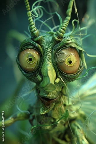 The character is a green beetle with big eyes. 3d illustration © Александр Лобач
