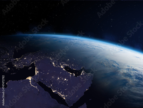Planet Earth from the space at night. Near East and Africa at night viewed from space with city lights in Arabian Peninsula, Egypt, Iraq, Iran, Israel, Gaza. Elements of this image furnished by NASA. photo