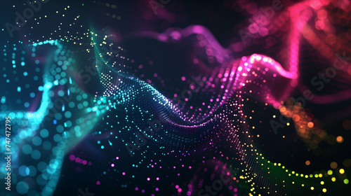 Digital colorful music wave on dark background. Abstract background with shining dots