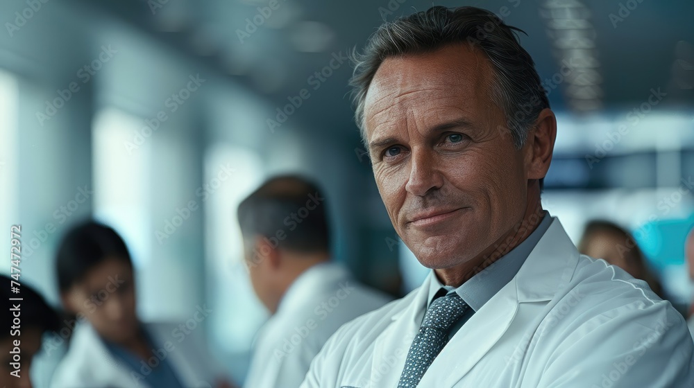Confident middle-aged doctor with a tie, hospital background. Confident middle-aged doctor with a tie, hospital background.