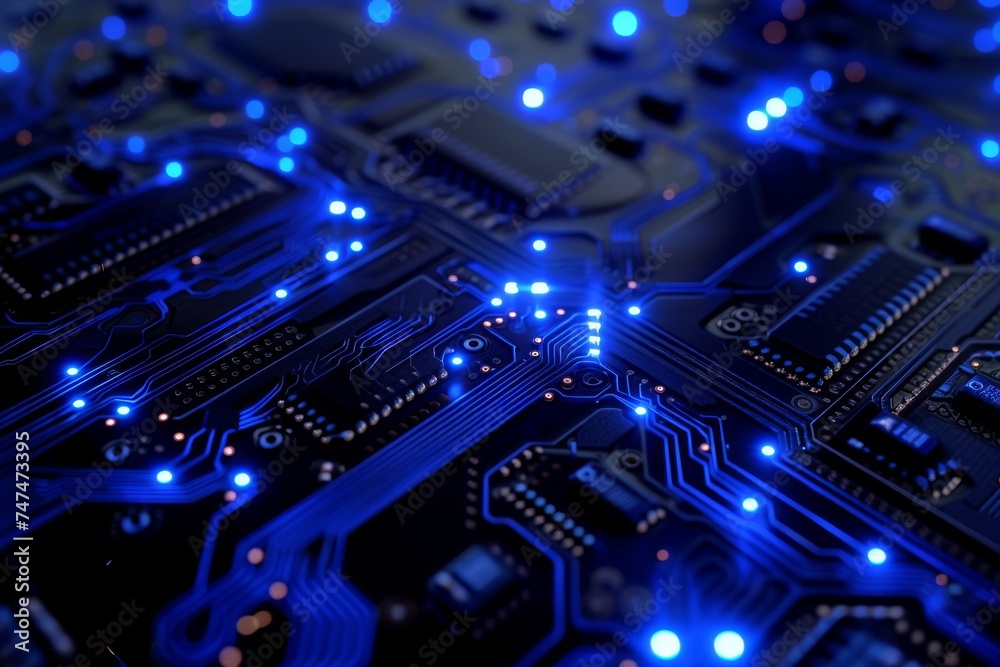 Electronic circuit board blue tone with computer technology components Electronic circuit board blue tone with computer technology components