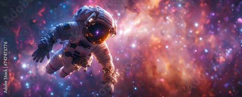 Astronaut floating in outer space with nebula and star background. Space exploration and adventure concept. Banner with copy space for Cosmonautics Day event. photo