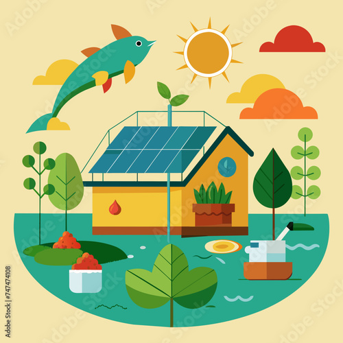 Solar-powered aquaponics systems cultivating food sustainably. vektor illustation