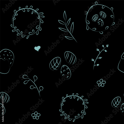 Vector illustration. Cute hand drawn seamless pattern. Festive background with Easter linear symbols. Design of postcards, banners, wrapping, textiles, wallpapers and other promotional products.