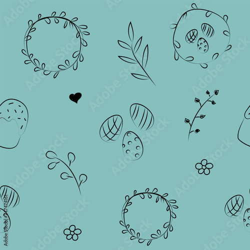 Vector illustration. Cute hand drawn seamless pattern. Festive background with Easter linear symbols. Design of postcards, banners, wrapping, textiles, wallpapers and other promotional products.