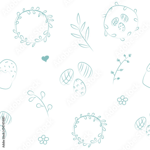 Vector illustration. Cute hand drawn seamless pattern. Festive background with Easter linear symbols. Design of postcards, banners, wrapping, textiles, wallpapers and other promotional products.
