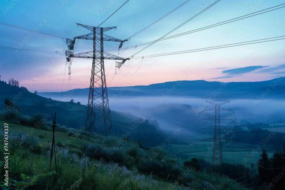 High voltage power lines stretch across a scenic mountain landscape. Electric transmission towers. Infrastructure for electricity supply to consumers