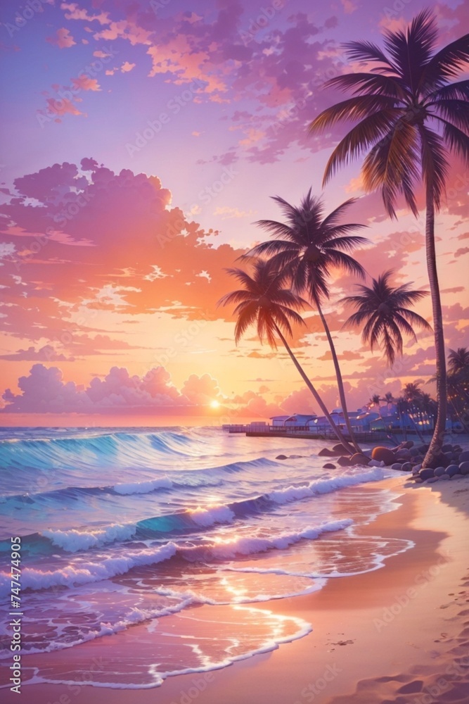 Please generate a picture description of a serene beach at sunset with waves gently lapping the shore