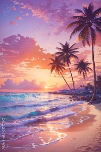 Please generate a picture description of a serene beach at sunset with waves gently lapping the shore
