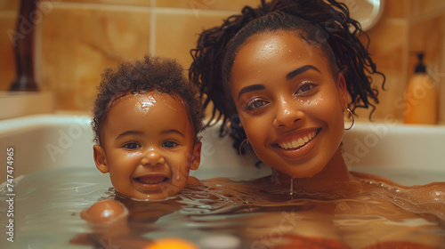 crazy young black woman and her toddler having fun in the bathroom. close up shot, enteratinment. free time, lifestyle.generative ai