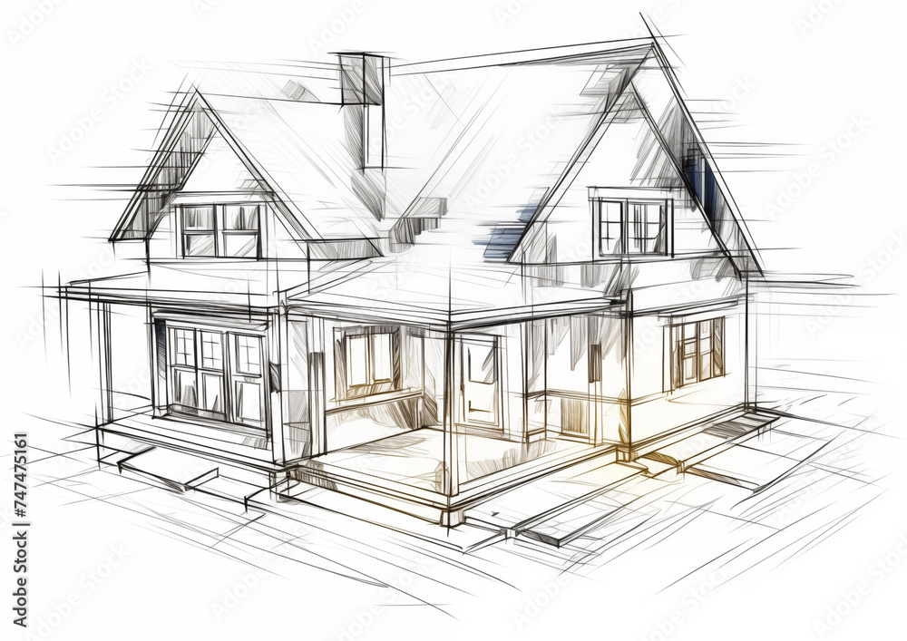 home design sketch plan, real estate concept drawing, architectes house building, mortgage credit - advertising asset illustration