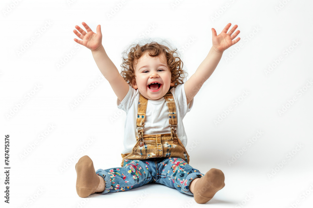 Happy funny child with raised hands, joyful. Isolated on a white background. Happy funny child with raised hands, joyful. Isolated on a white background.