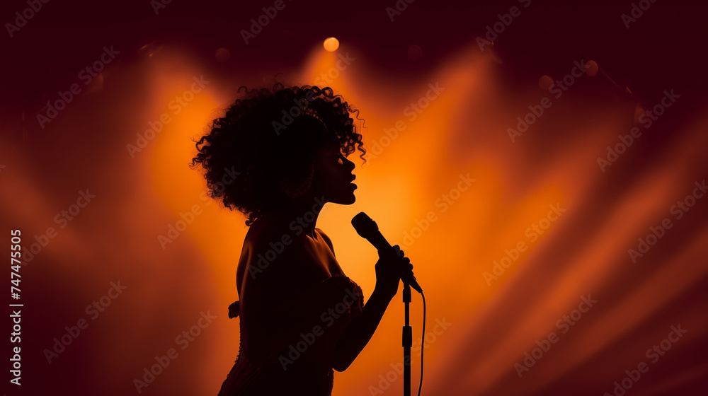 Silhouette of a jazz singer performing at a concert with orange light show Silhouette of a jazz singer performing at a concert with orange light show