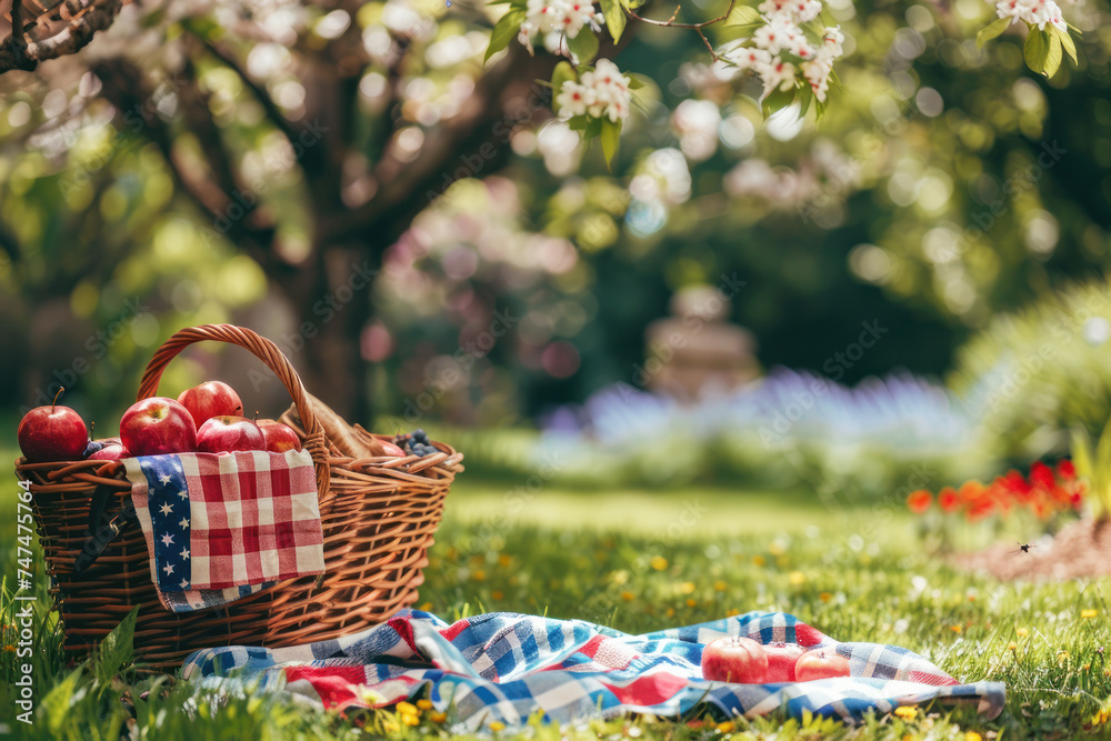 Picnic basket with American flag on a sunny day Picnic basket with American flag on a sunny day