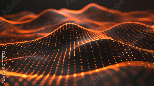 Lignes orange abstraites formant un paysage virtuel dans un concept de technologie Ai. Communication et flux de données dans un espace virtuel  photo