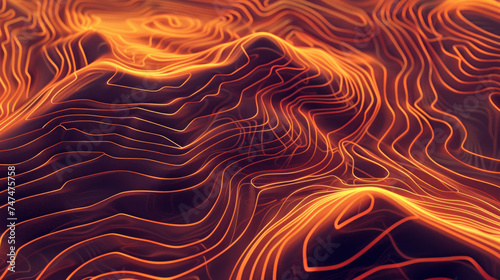 Lignes orange abstraites formant un paysage virtuel dans un concept de technologie Ai. Communication et flux de données dans un espace virtuel 