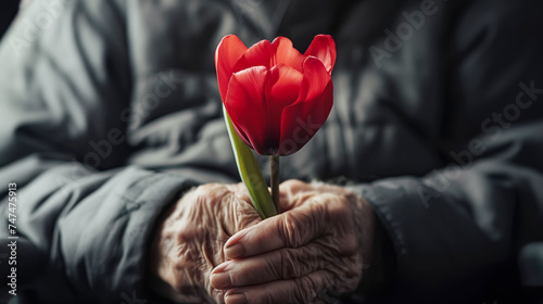 Red tulip in old male hands with Parkinson's disease close-up photo