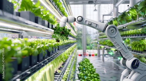 Robot Operator Handling Green Plants in a Plant Production Factory
