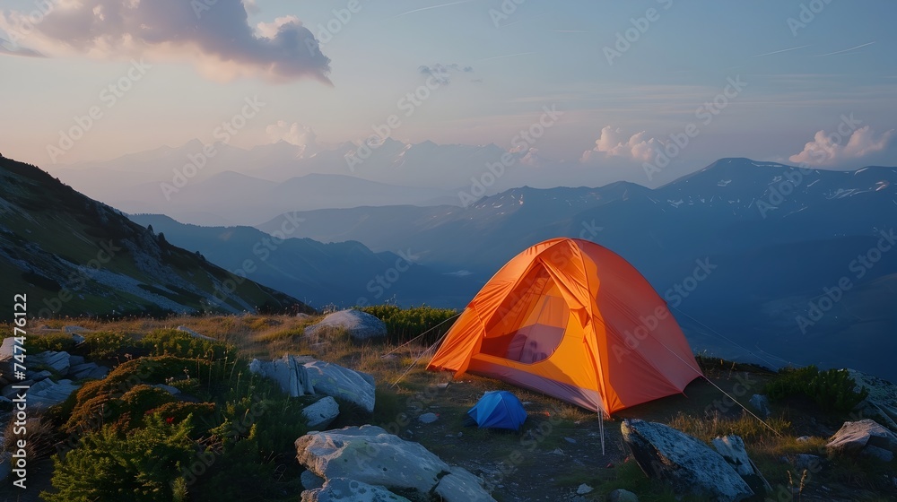 Camping Tent Set Up On Mountain Peaks At Sunset