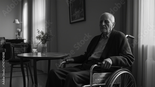 Tela Black and white image of an elderly man sits in wheelchair in classic living roo