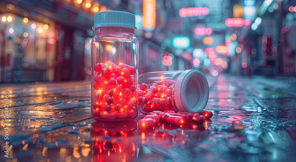 drug with pills in various colors, in the style of back button focus, dark pink and silver, tactile canvases, rounded forms. Generative AI. drug with pills in various colors, in the style of back button focus, dark pink and silver, tactile canvases, rounded forms. Generative AI.