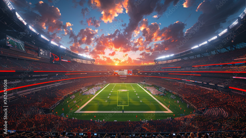 an orange and black american football stadium with stadium lights,generative ai