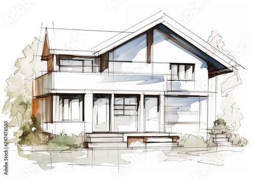 home design sketch plan, real estate concept drawing, architectes house building, mortgage credit - advertising asset illustration