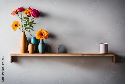 interior with flowers, Embark on a journey of aesthetic delight with a floating shelf adorned by a colorful flower vase, set against an empty blank wall offering ample copy space © SANA