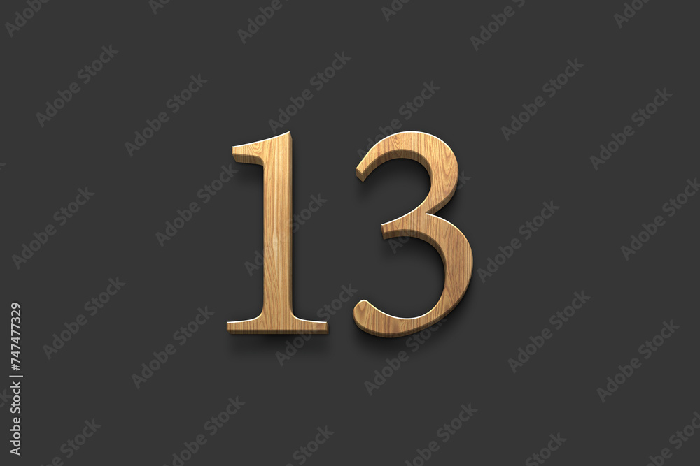 3D wooden logo of number 13 design on dark grey background.
