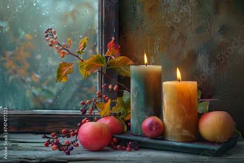 autumn still life with apples and burning candle 