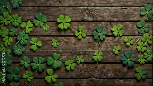 Saint Patrick's Day Flat Lay, Wooden Table with Four-Leaf Clover, Irish Heritage Symbol. Website Header with Copy Space. Generative AI